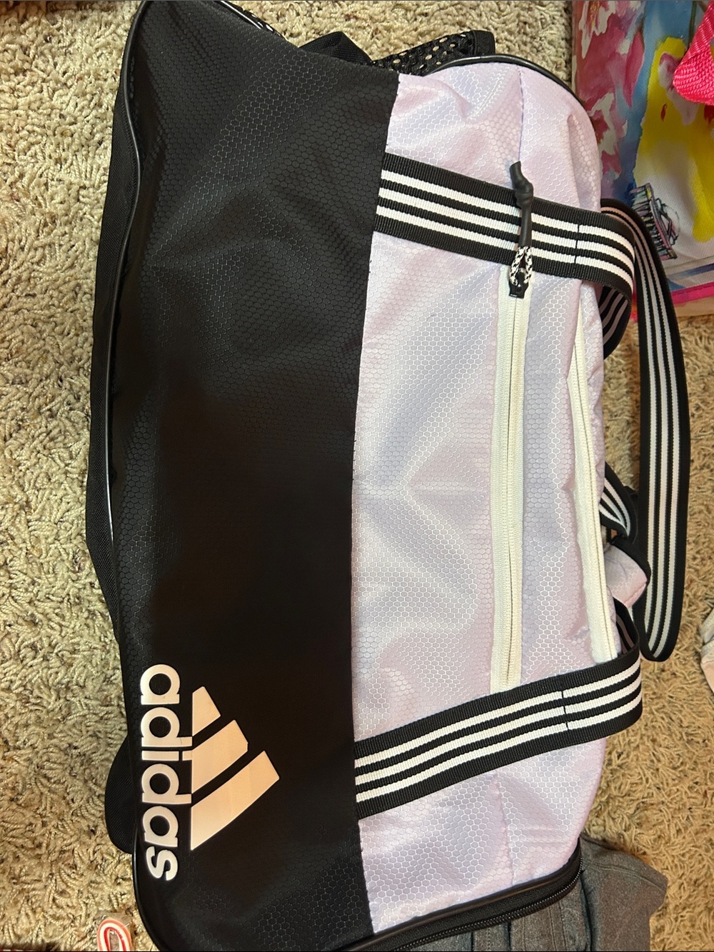 adidas Black and Light Pink Striped Gym Duffle